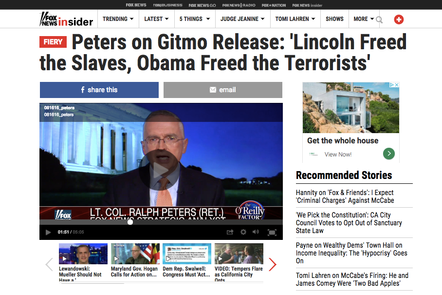 Screen shot of Ralph Peters Fox News appearance in which he said "Lincoln freed the slaves and Obama freed the terrorists."