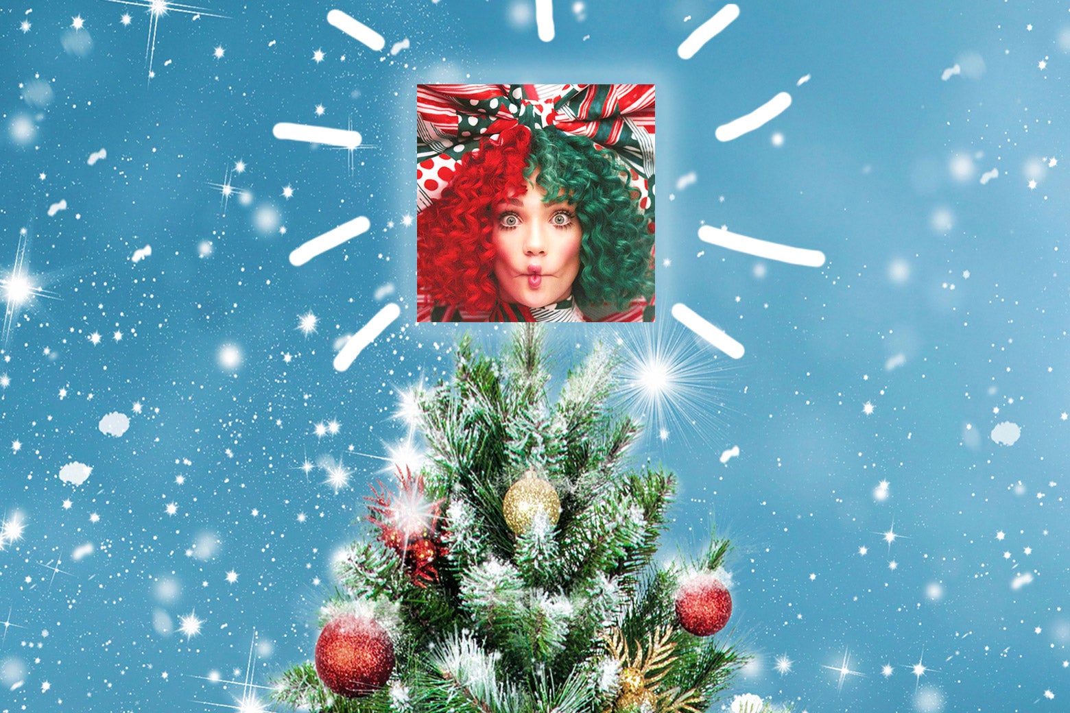A Christmas tree w/ Sia’s Christmas album on top.