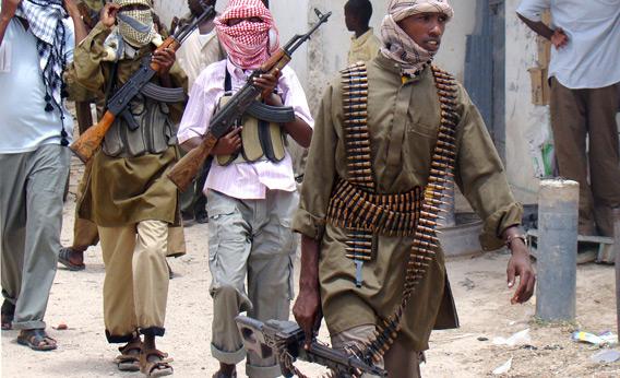Shabab militia patrol Bakara Market in Mogadishu.