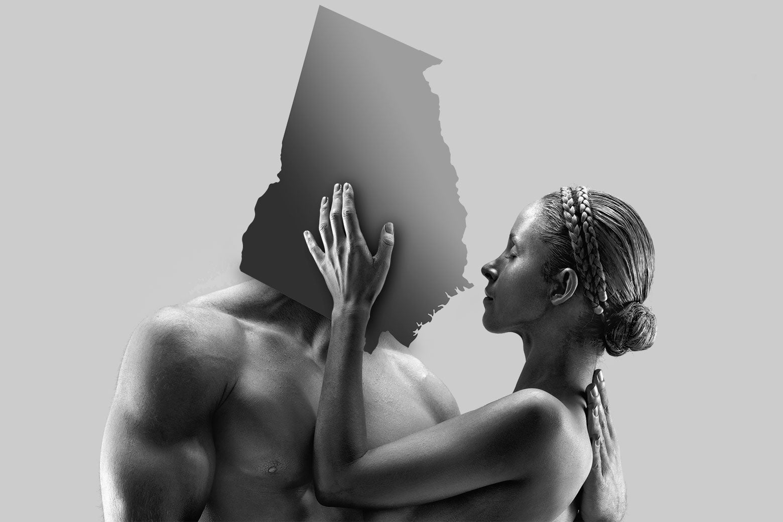 A cutout of the state of Georgia is superimposed over the head of a muscular, shirtless man. In his arms is a woman touching his face.