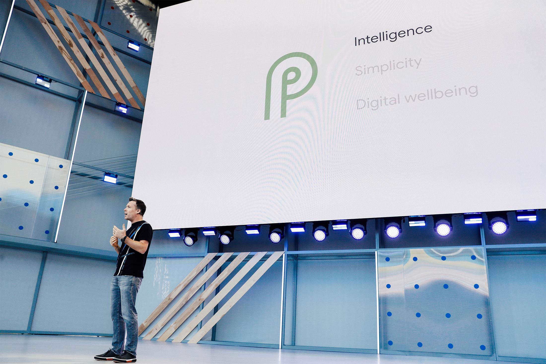 Dave Burke, Android vice president of engineering, speaks onstage during the annual Google I/O developers conference in Mountain View, California, on Tuesday.