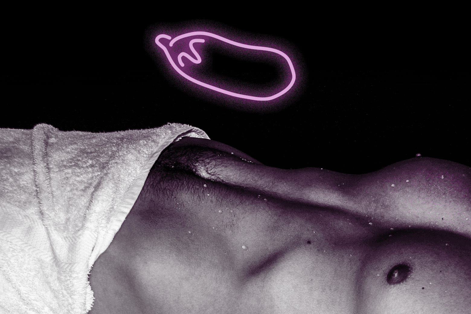 A man's torso covered by a massage towel; a neon eggplant emoji.