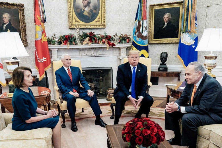 Nancy Pelosi, Mike Pence, Donald Trump, and Chuck Schumer sitting in the White House.