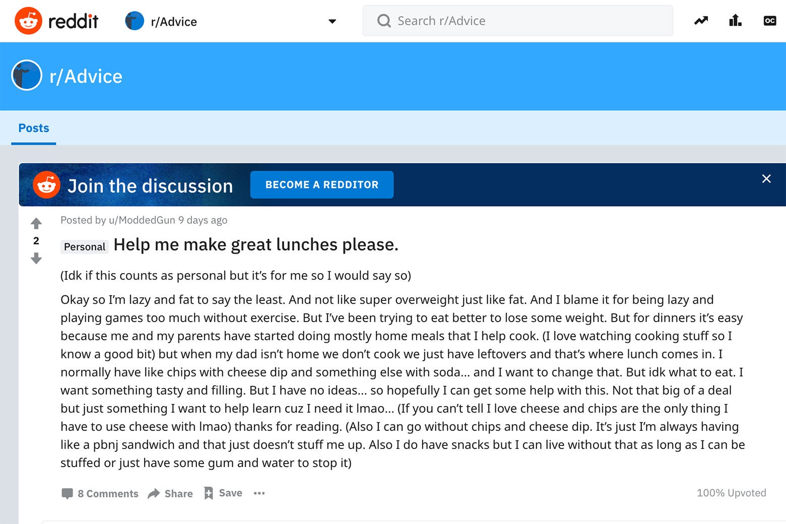Screengrab of a Reddit thread where a person asks for help making great lunches.