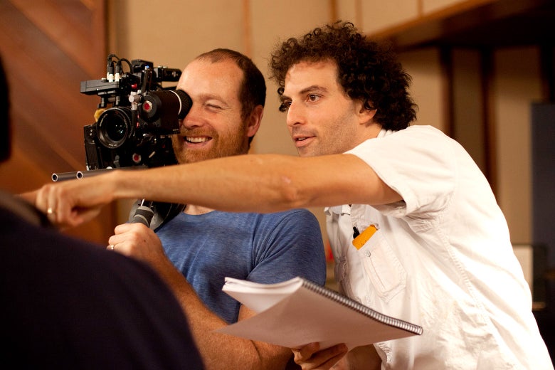 Joel Levinson, right, directs a scene for Boy Band with Paul Rondeau, the cinematographer.