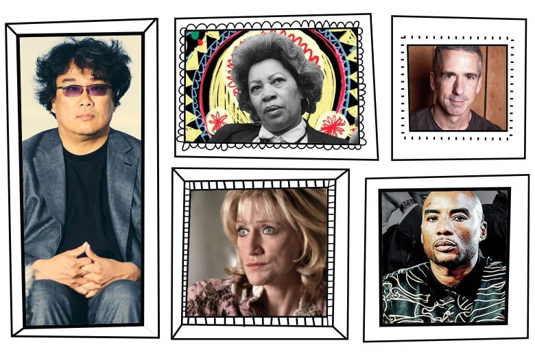 a series of 5 portraits (clockwise: Bong Joon-ho, Toni Morrison, Dan Savage, Charlamagne tha God, and Edie Falco as Carmela Soprano) in stylized drawn picture frames.
