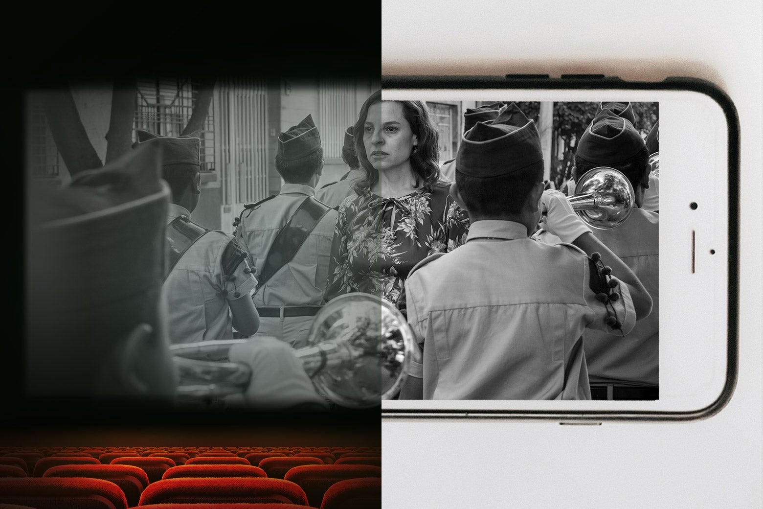 A scene from Roma seen on one side in a theater and on an iPhone on the other side.
