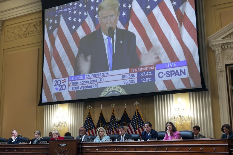 Video of former President Donald Trump is played during a hearing by the Select Committee to Investigate the January 6th Attack on the U.S. Capitol.