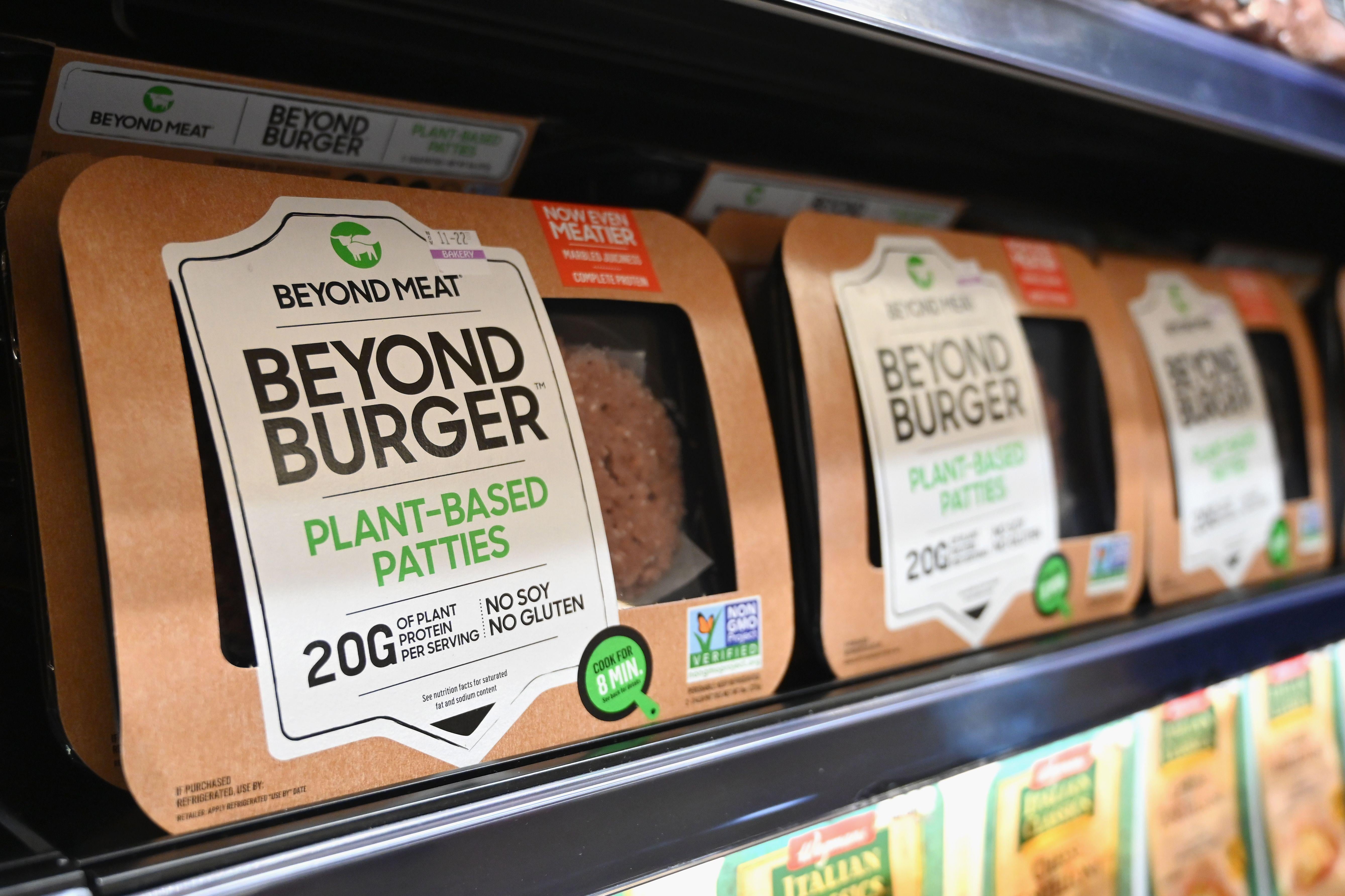 Beyond Burger packs are seen on a grocery store shelf.