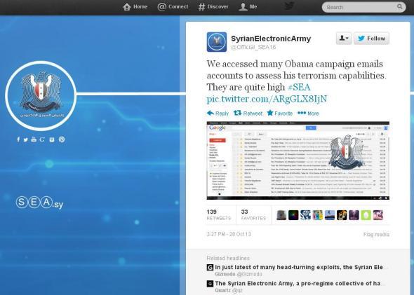 The Syrian Electronic Army, a pro-Assad hacker group, posted a screenshot of an Organizing for America staffer's Gmail account, which it apparently used to tamper with links sent from Barack Obama's Facebook and Twitter feeds Monday.