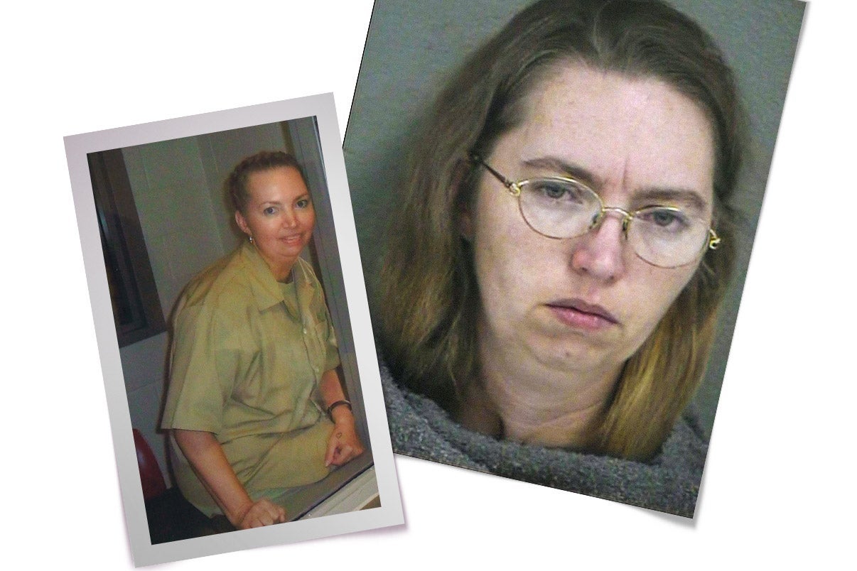 A booking photo of Lisa Montgomery and another photo of her in lockup.