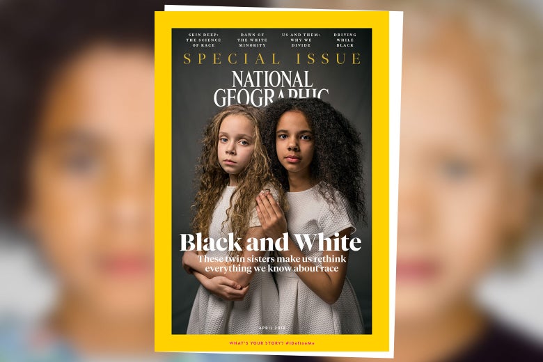 The cover of National Geographic’s current special issue about race, featuring biracial twins.