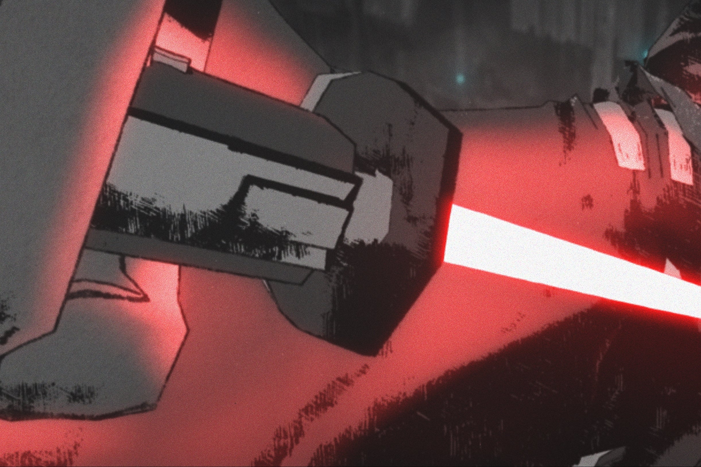 In an animated style, a man holds the hilt of a red lightsaber.