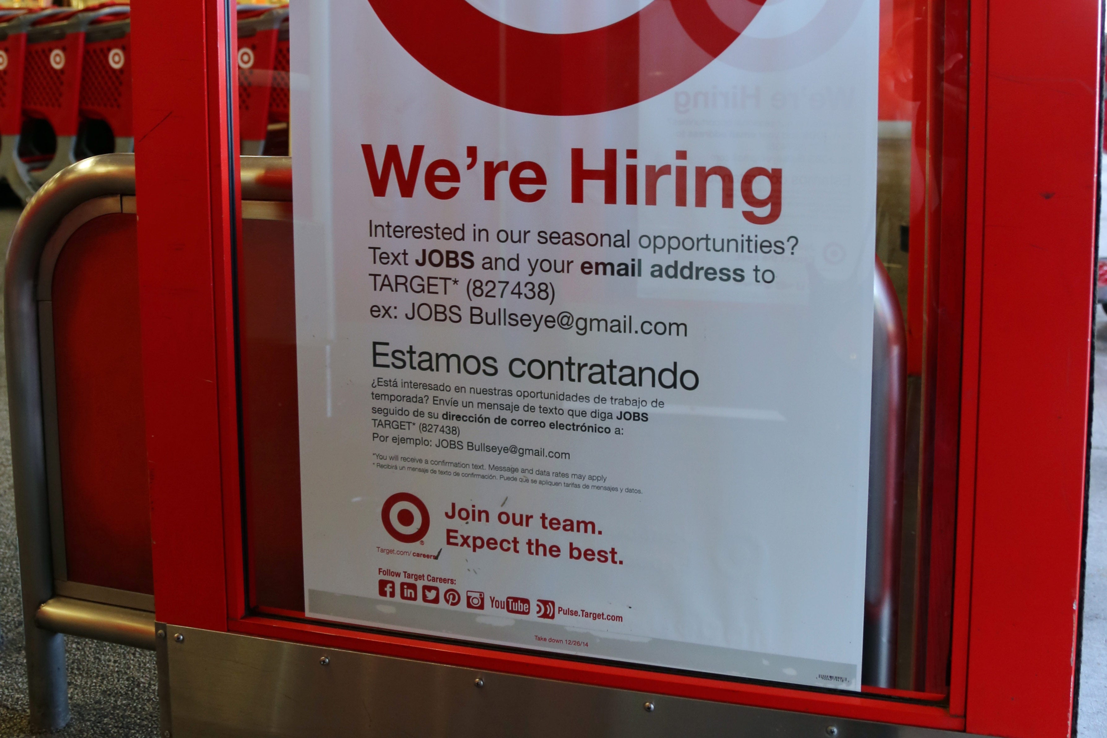 Now hiring at a Target store in Long Beach, California, on Oct. 26, 2014.