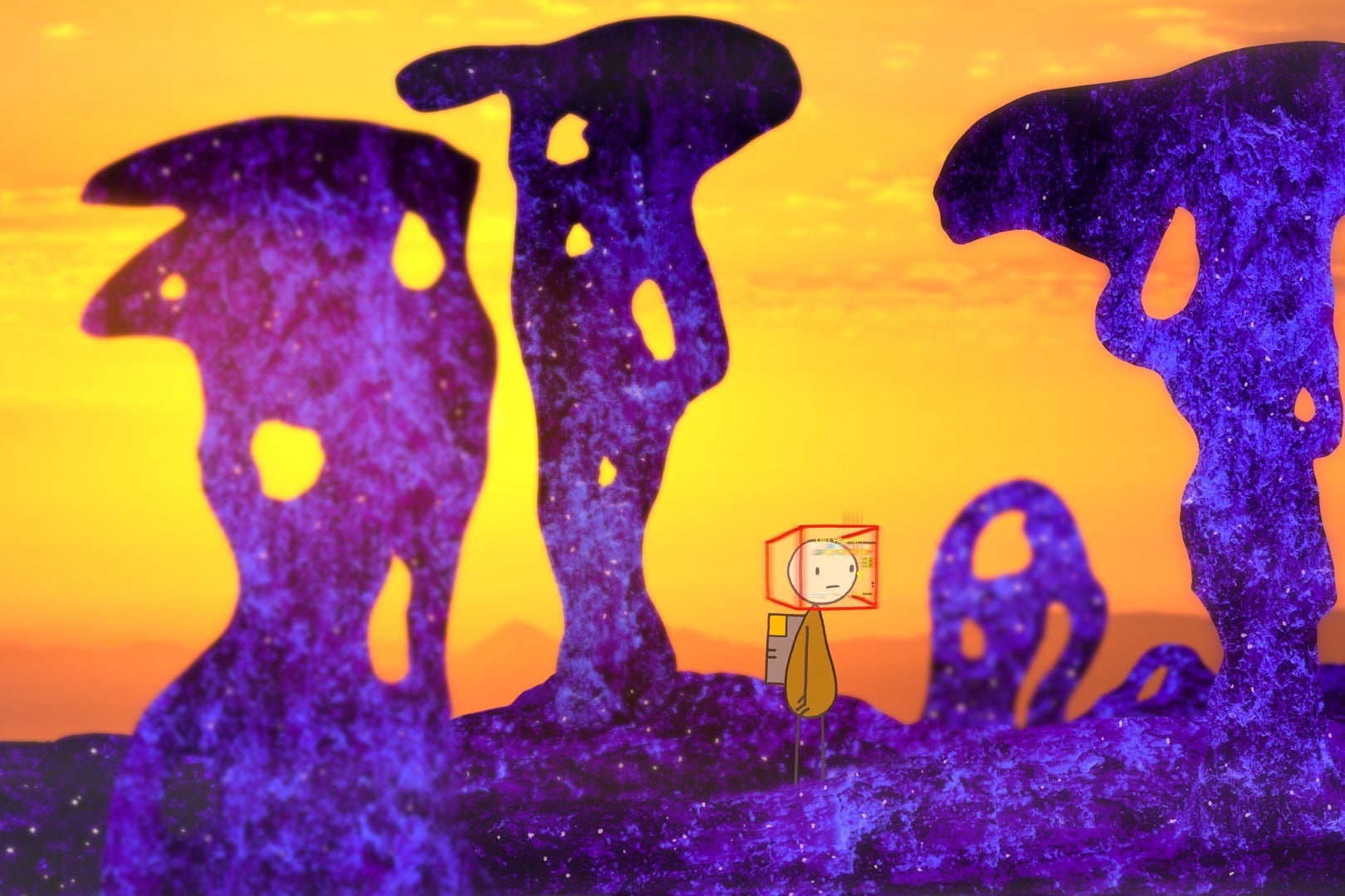 A stick figure walks through an alien landscape.