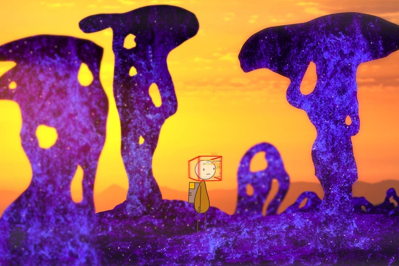 A stick figure walks through an alien landscape.