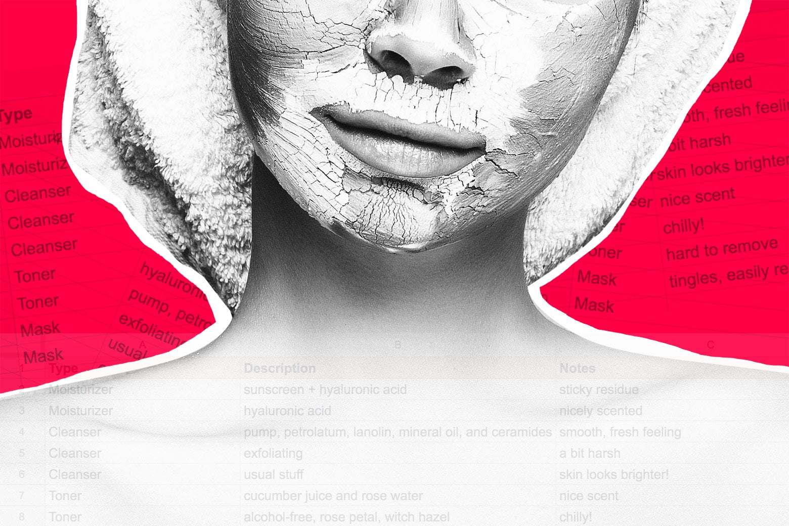 A woman wears a face mask. Columns from a spreadsheet are overlaid on the image.