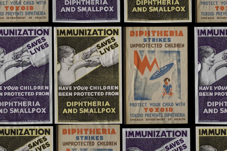 Posters say things like, "Immunization saves lives" and "Diphtheria strikes unprotected children."