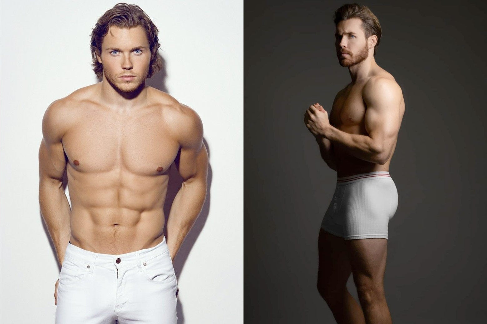 Samuel Rason shirtless in white jeans and shirtless in white underwear.