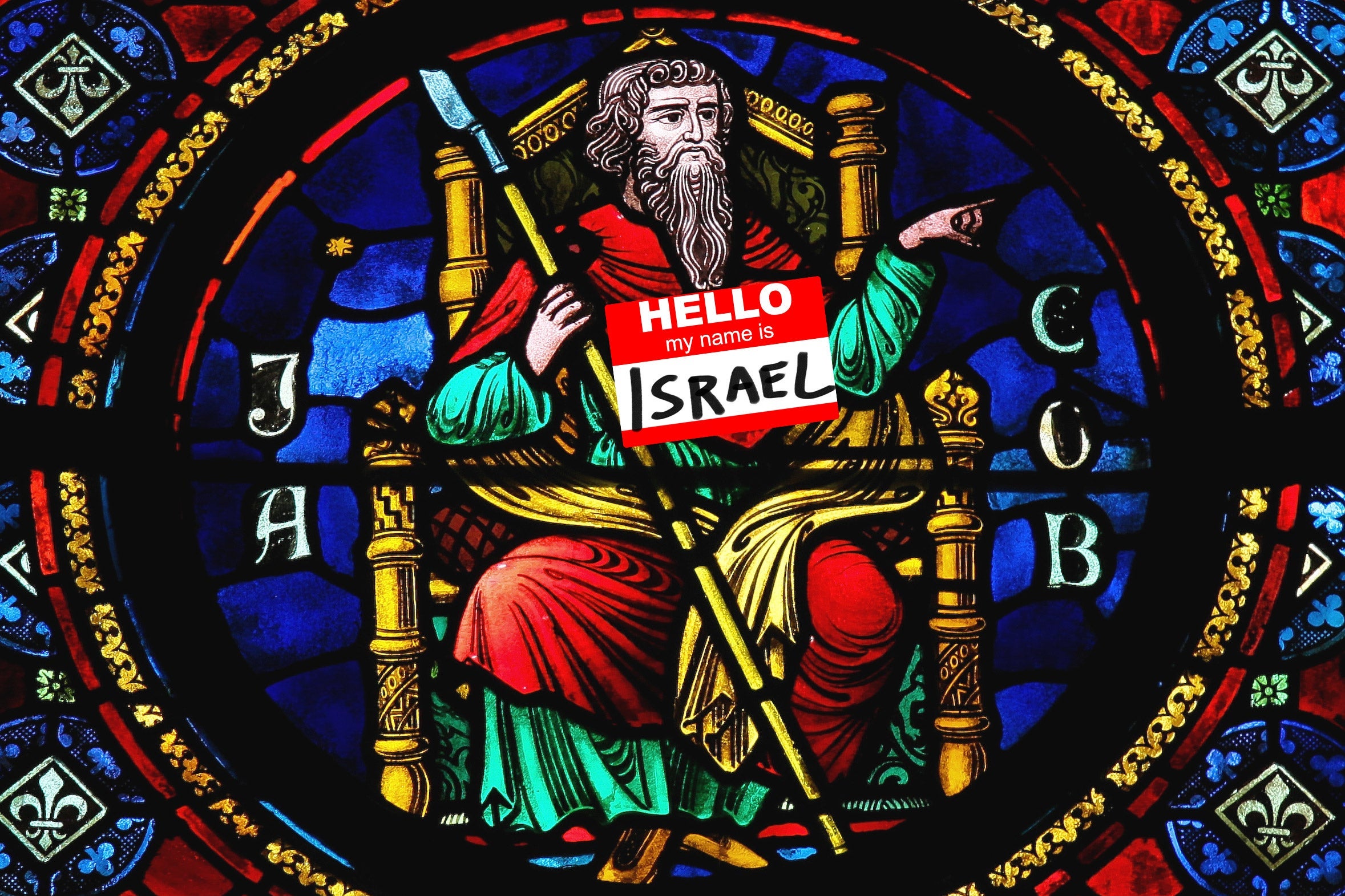 A stained glass rendering of Jacob on a throne with a scepter, and a nametag that says "Hello, My Name Is ISRAEL."