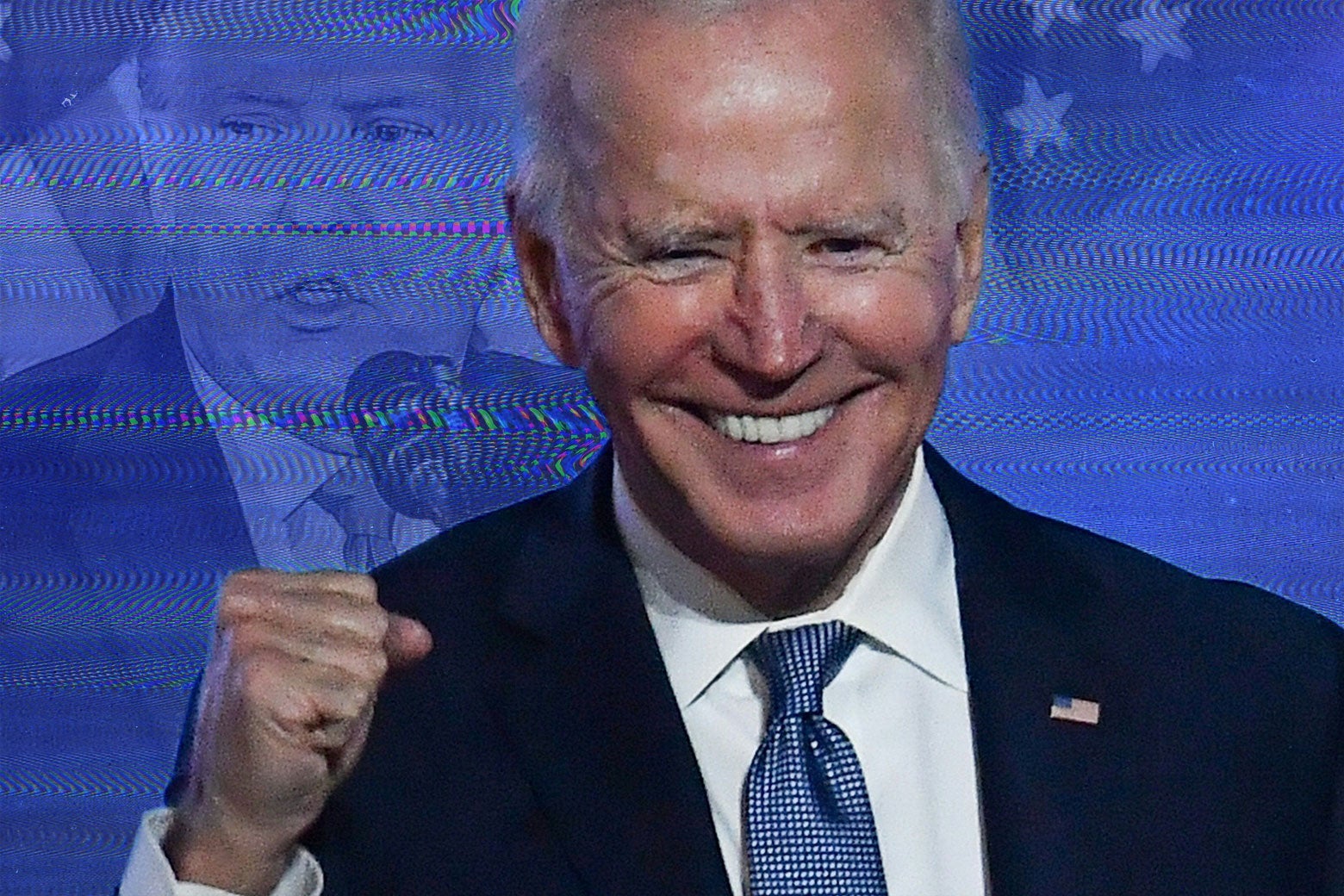 Joe Biden with an image of Donald Trump over this shoulder.