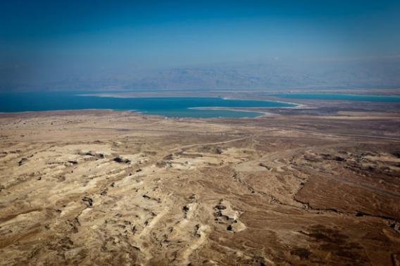 Receding waters, as seen from Masada. The ancient fortress city stands on a rocky plateau at the western edge of the Judean Desert.