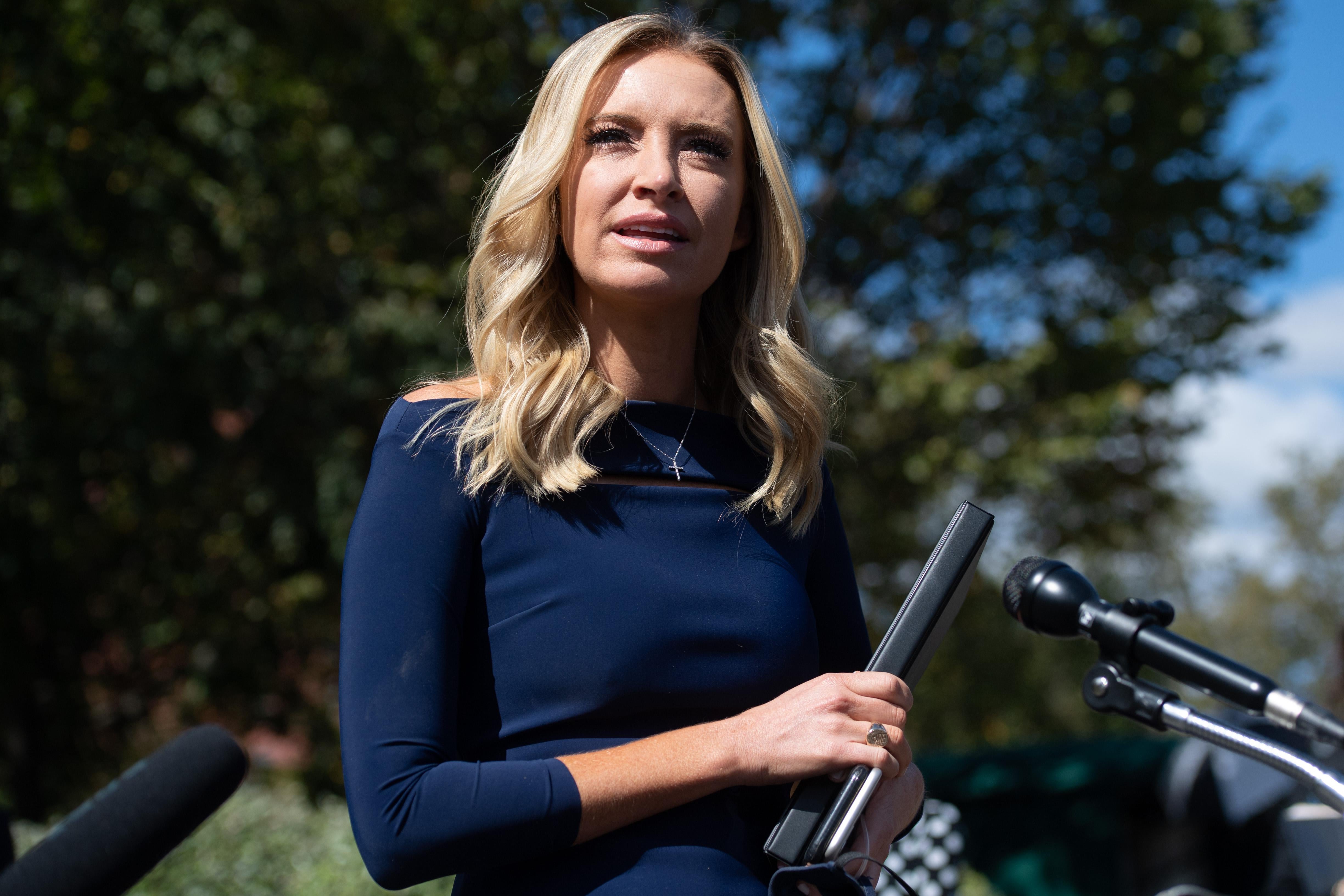 White House Press Secretary Kayleigh McEnany speaks with members of the media at the White House in Washington, D.C., Oct. 2, 2020.