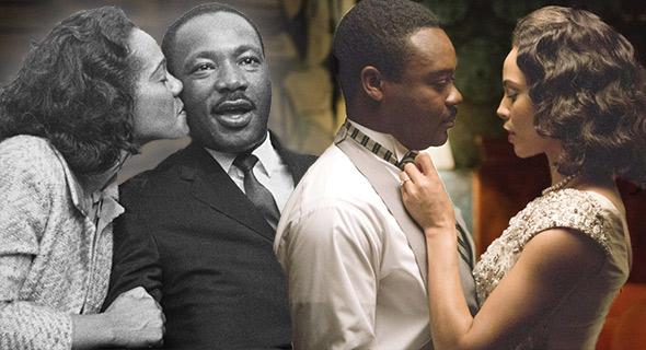 Coretta Scott King kisses her husband, Martin Luther King, Jr., in Montgomery, Alabama, March 25th 1965, left; Carmen Ejogo as Coretta Scott King and David Oyelowo as Martin Luther King, Jr., in Selma.