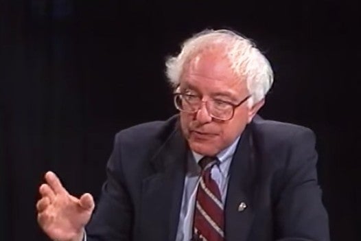 Screenshot of video of Bernie Sanders speaking in the year 2000.