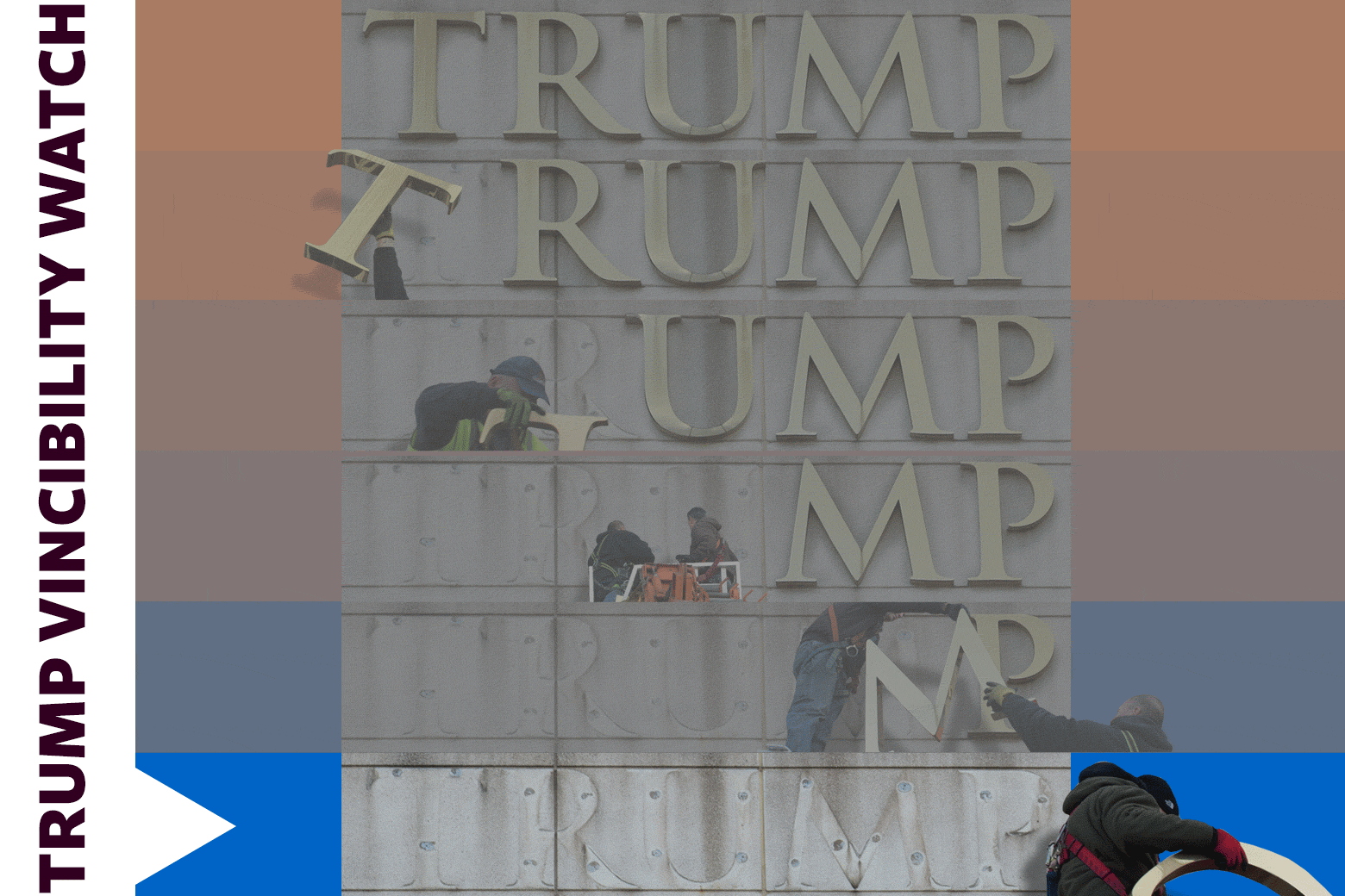 A "Trump Vincibility Watch" graphic of six rows containing decreasing portions of the word T-R-U-M-P. All the letters have been removed on the row that is highlighted.