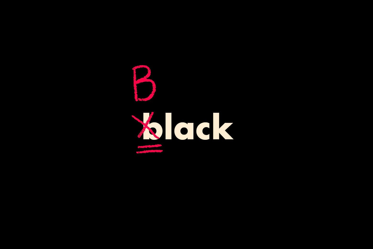 On a black background, white letters spell out "black" in lowercase, while red copy editing marks cross out the small b and the beginning and replace it with a capital B. 