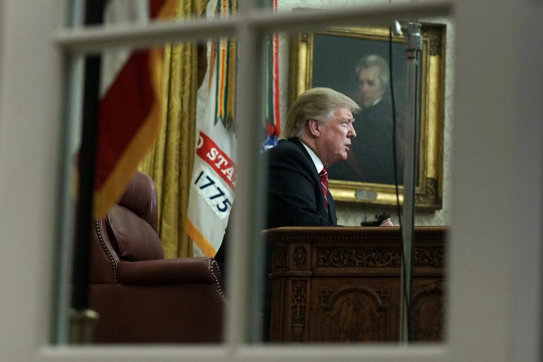 President Donald Trump speaks to the nation from the Oval Office.