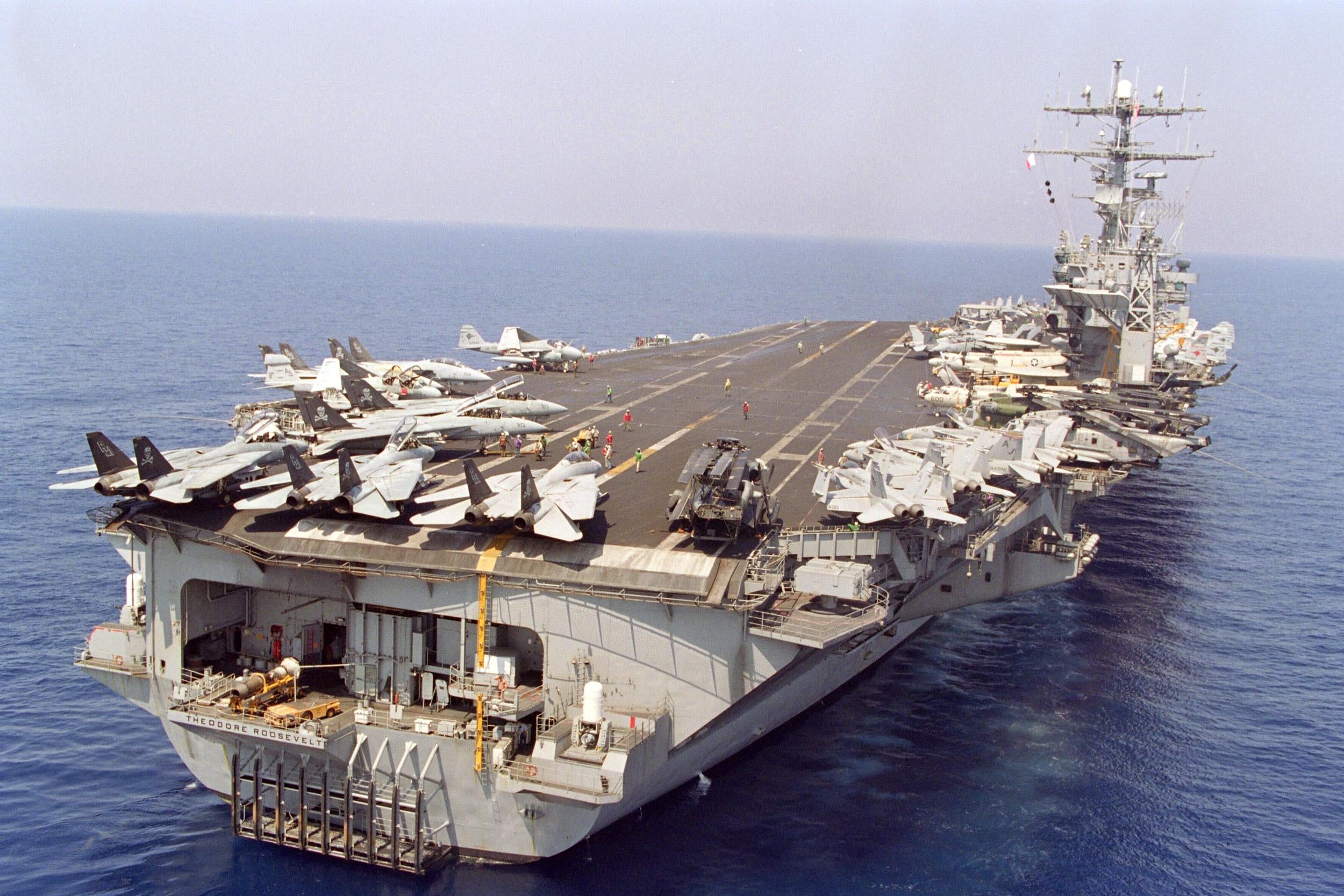 Aerial shot of the deck of the aircraft carrier Theodore Roosevelt