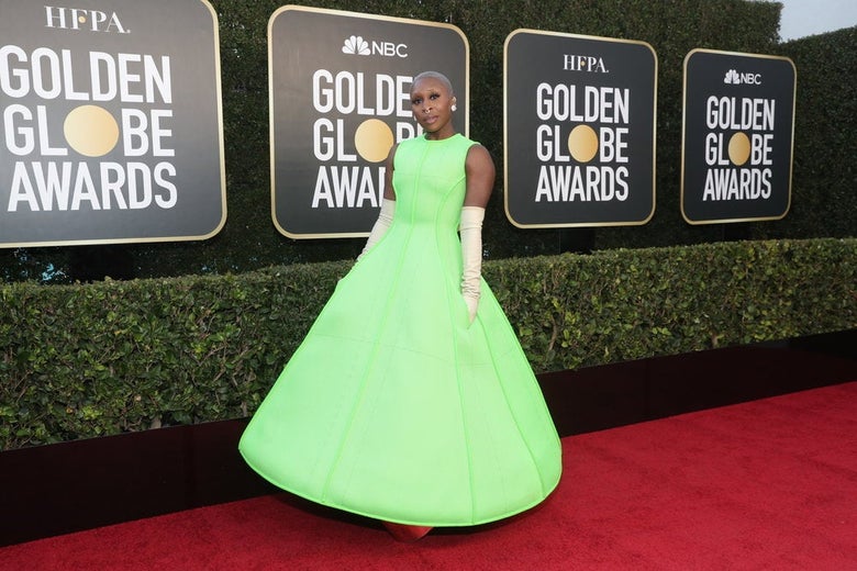 Cynthia Erivo does the Golden Globes step and repeat.