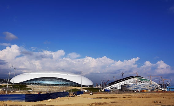 The Bolshoy Ice Dome, Shayba Arena, and Fisht Olympic Stadium (in the background) under construction in Sochi, Russia. 