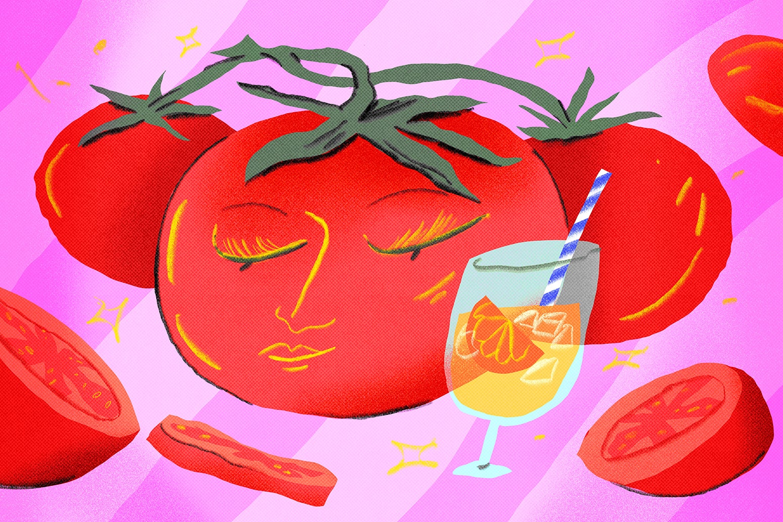 An illustration of a tomato with eyelashes holding an Aperol Spritz and looking pretty relaxed.