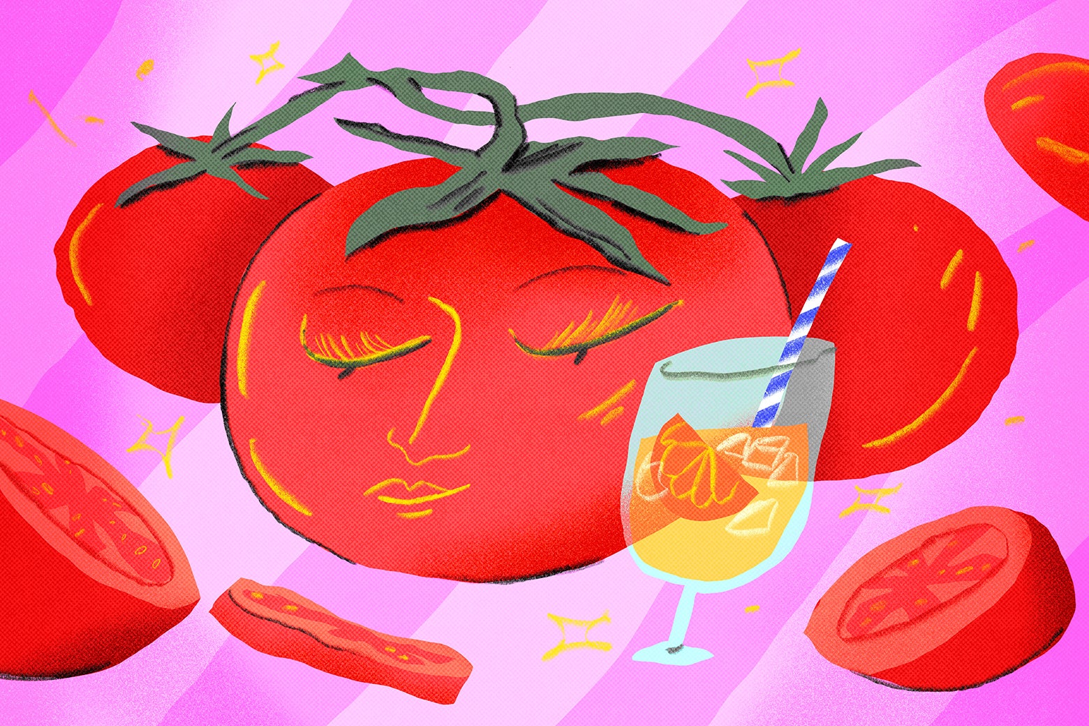 An illustration of a tomato with eyelashes holding an Aperol Spritz and looking pretty relaxed.