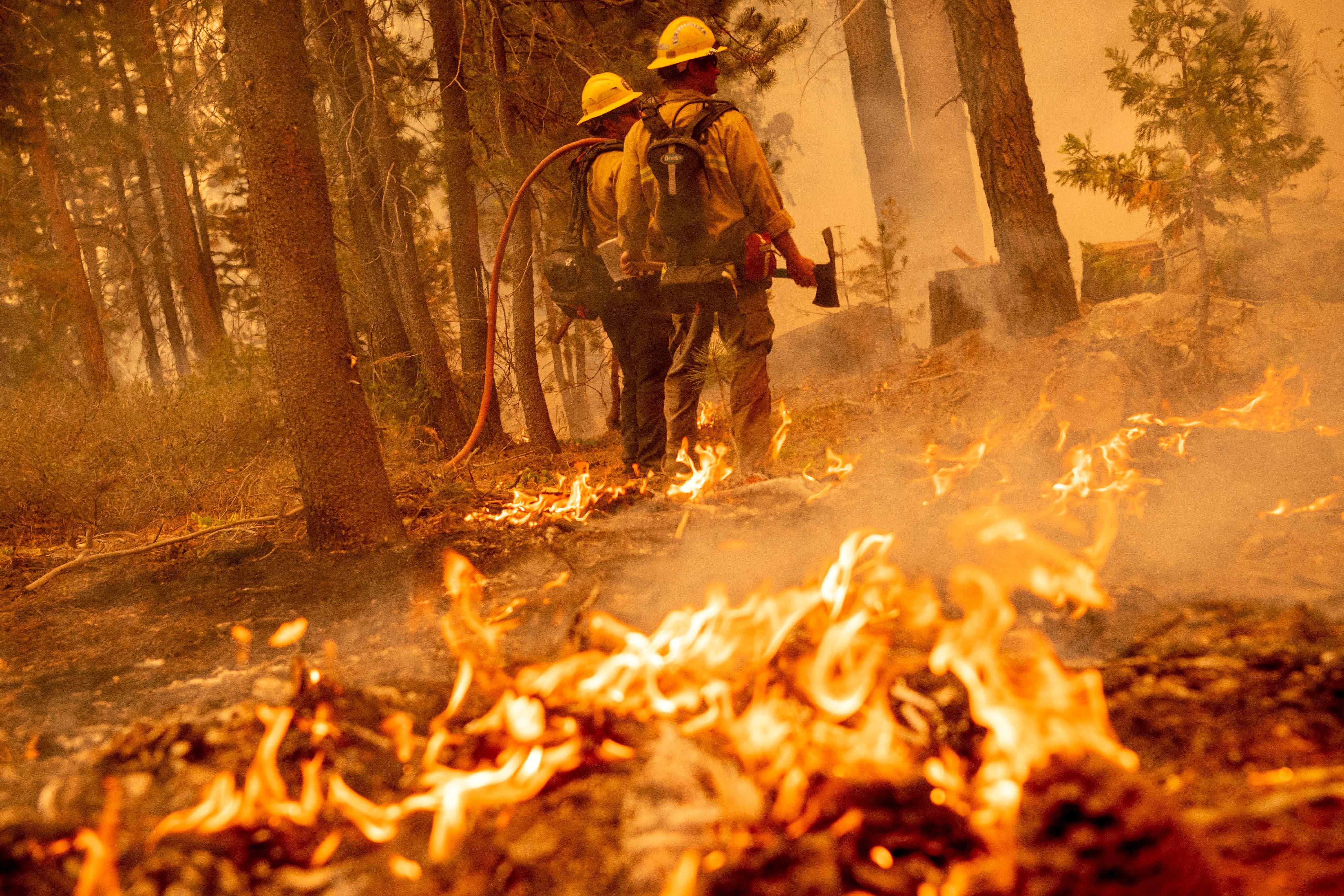 Firefighters work to keep flames from the Caldor fire from jumping highway 50 in Meyers, California on August 31, 2021.
