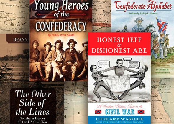 A collage of Confederacy-themed children's books floated in front of a map