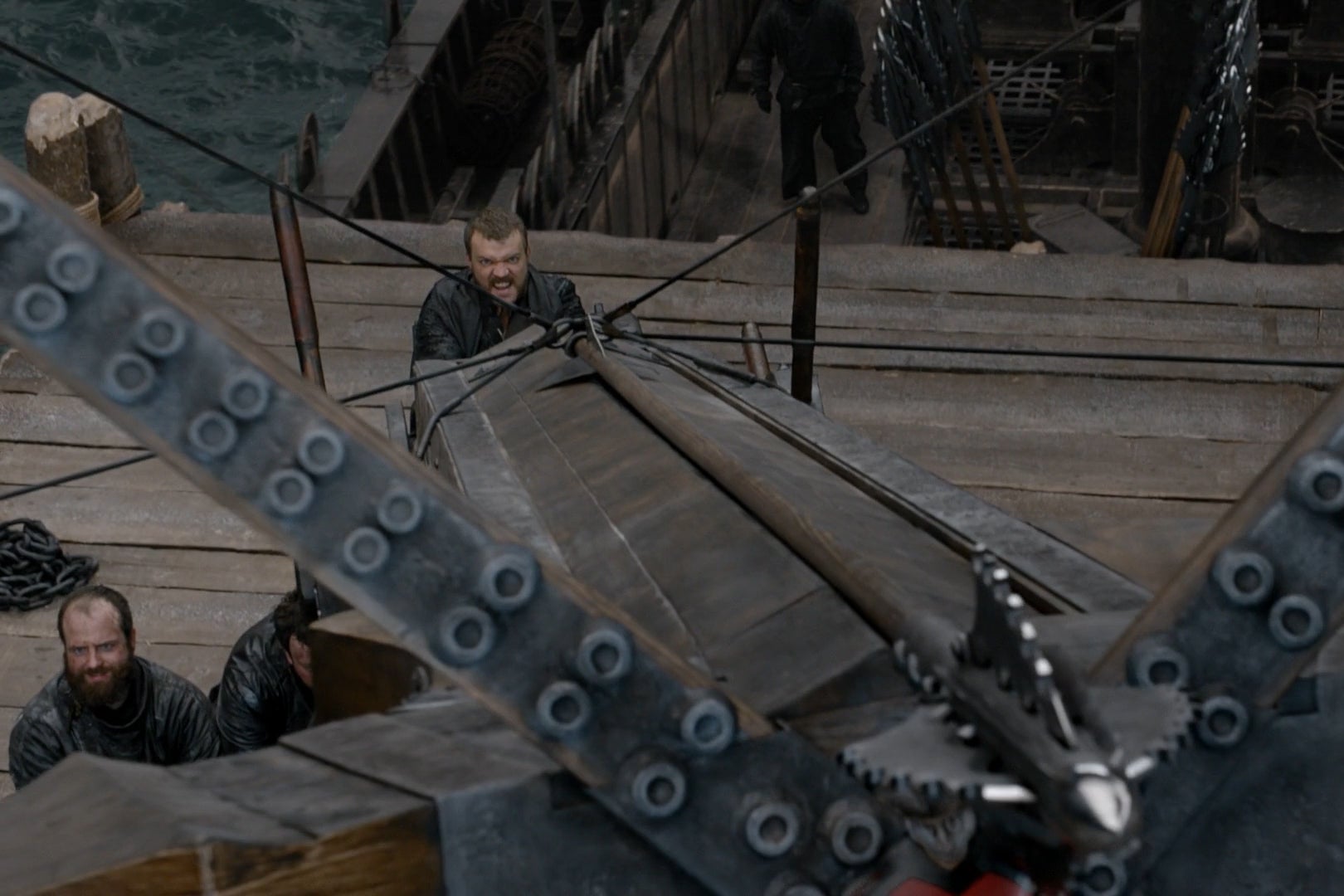 Euron Greyjoy on Game of Thrones, firing a gigantic, phallic mounted crossbow.