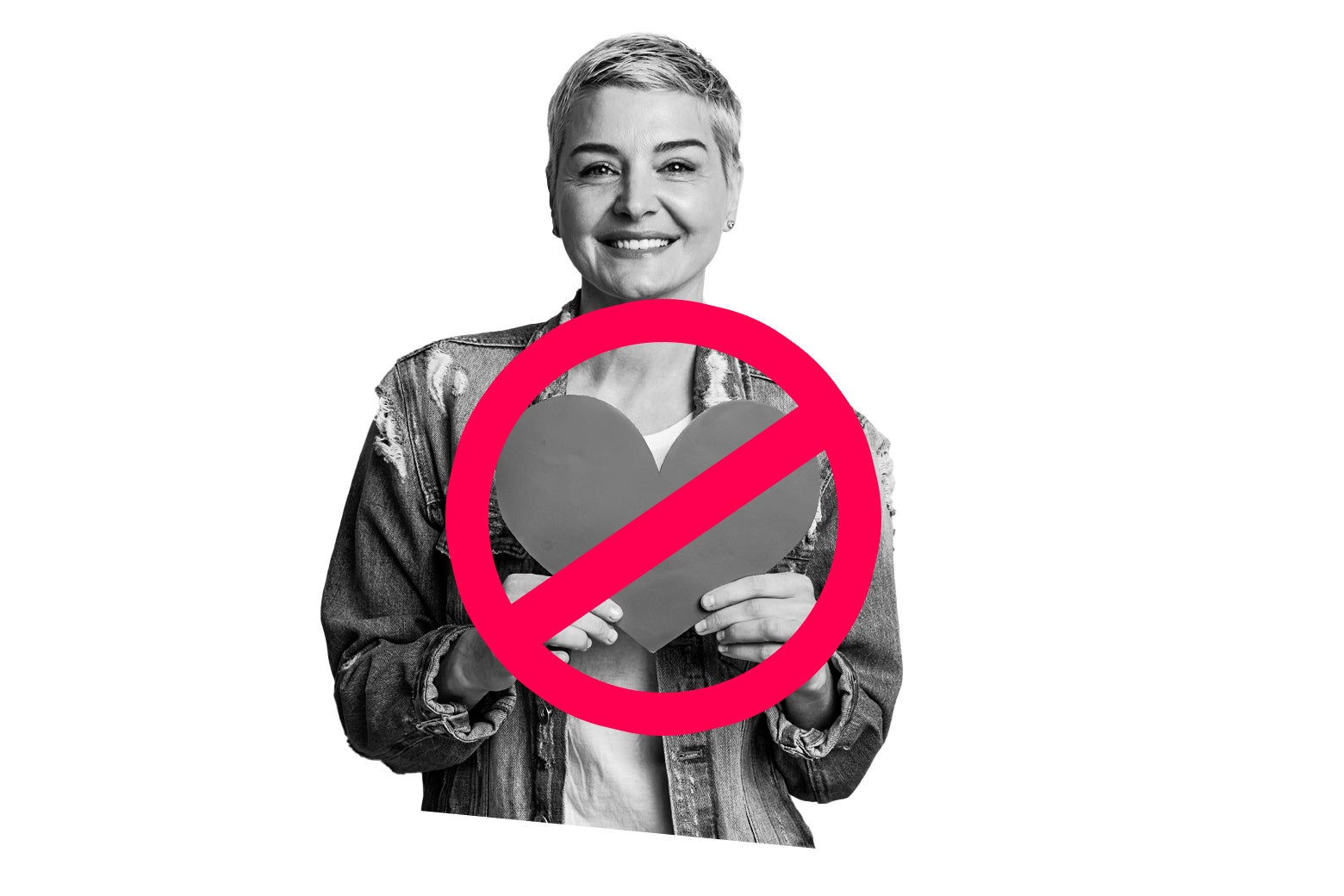 Woman holding a heart-shaped cutout. A no sign is overlaid on top of her.
