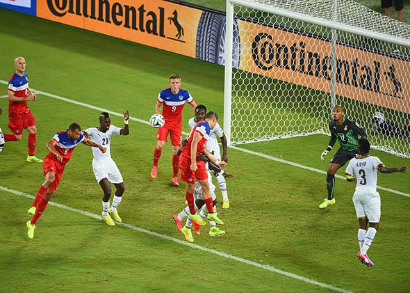 John Brooks of the United States scores his team's second goal on a header past Adam Kwarasey of Ghana during the 2014 FIFA World Cup Brazil.