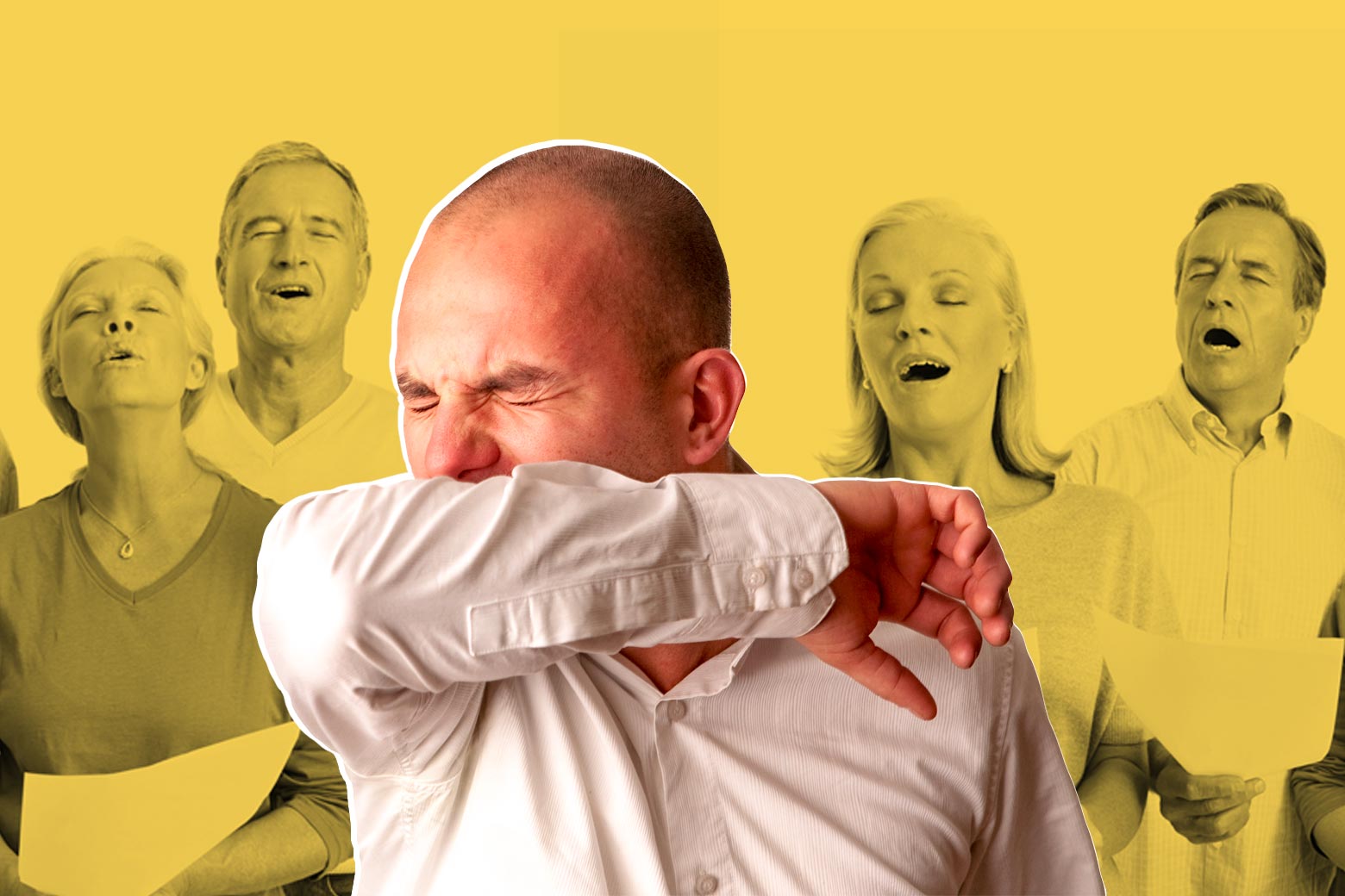 Collage of a man sneezing in front of a choir.