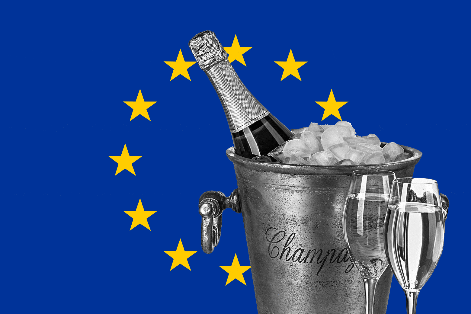 Champagne on ice superimposed over an EU flag. 