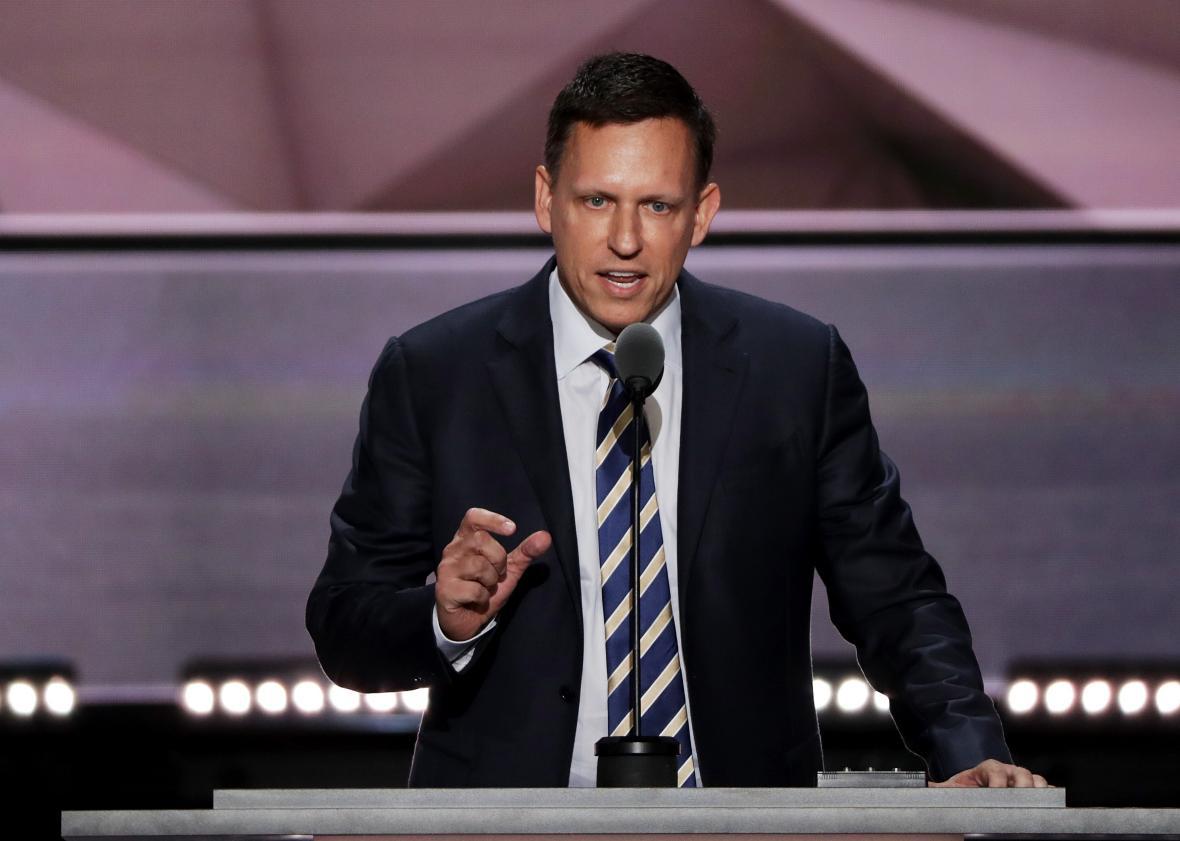 Peter Thiel speaks at the Republican National Convention on July 21 at the Quicken Loans Arena in Cleveland.