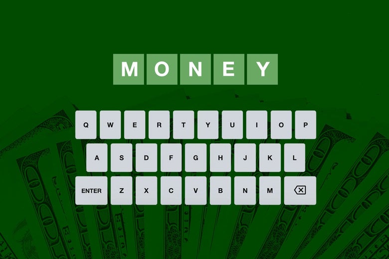 A correct, all-green Wordle response saying "MONEY" over a green background accented by hundred-dollar bills in the lower third.
