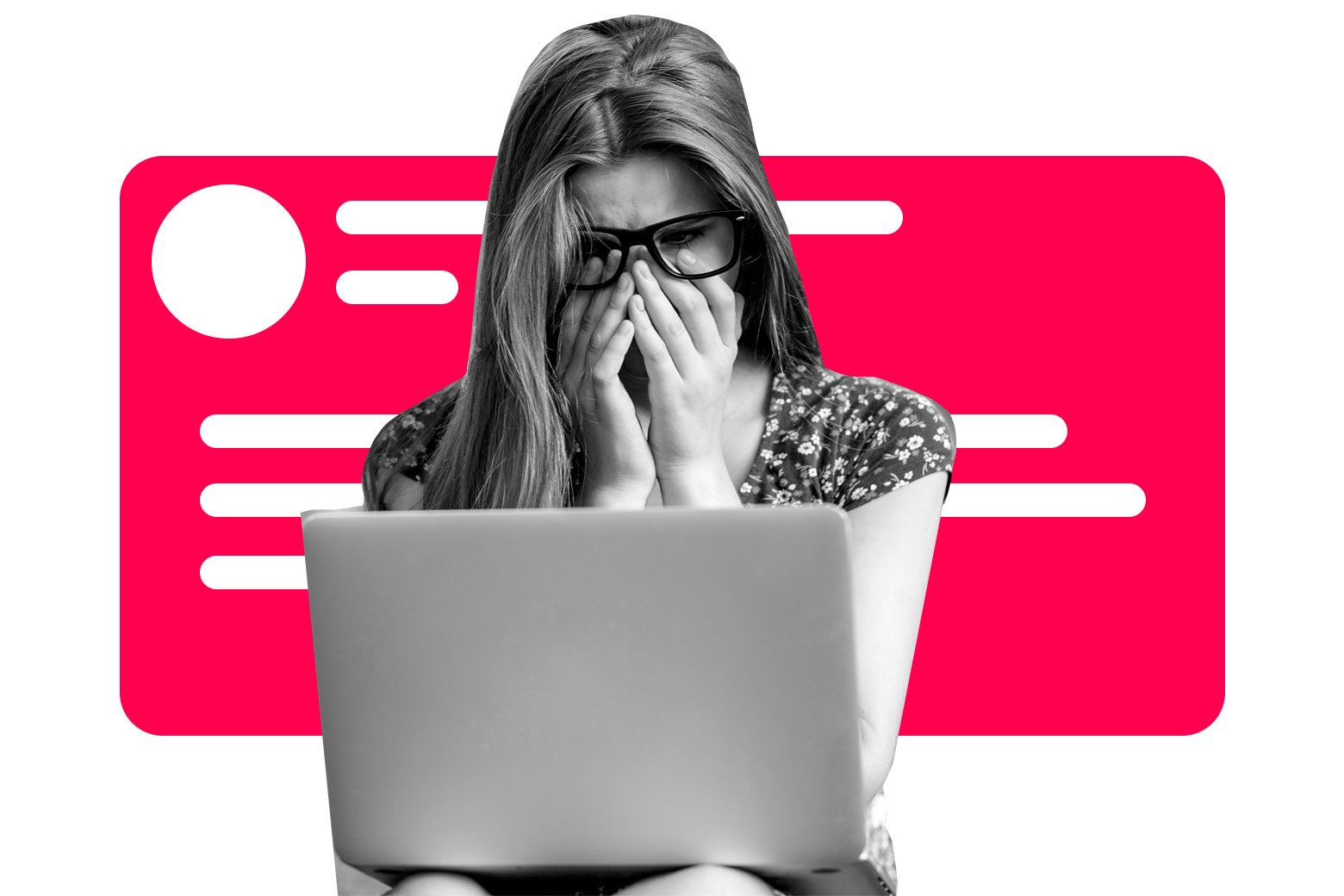 Woman looking shocked at her laptop with a big pink facebook popup behind her. 