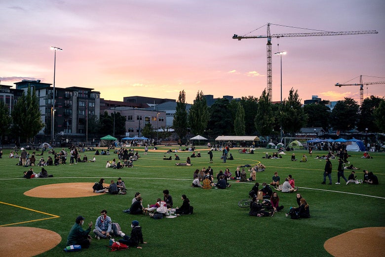People sit on the grass in small groups at sunset