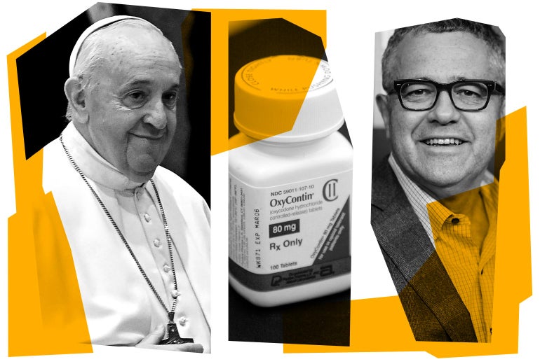 Pope Francis, bottle of OxyContin, and Jeffrey Toobin