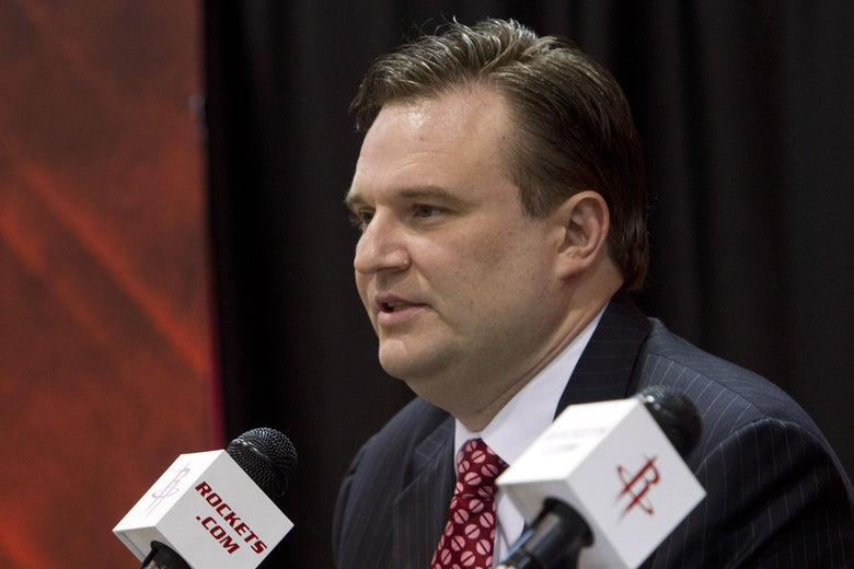 Daryl Morey speaks into a mic.